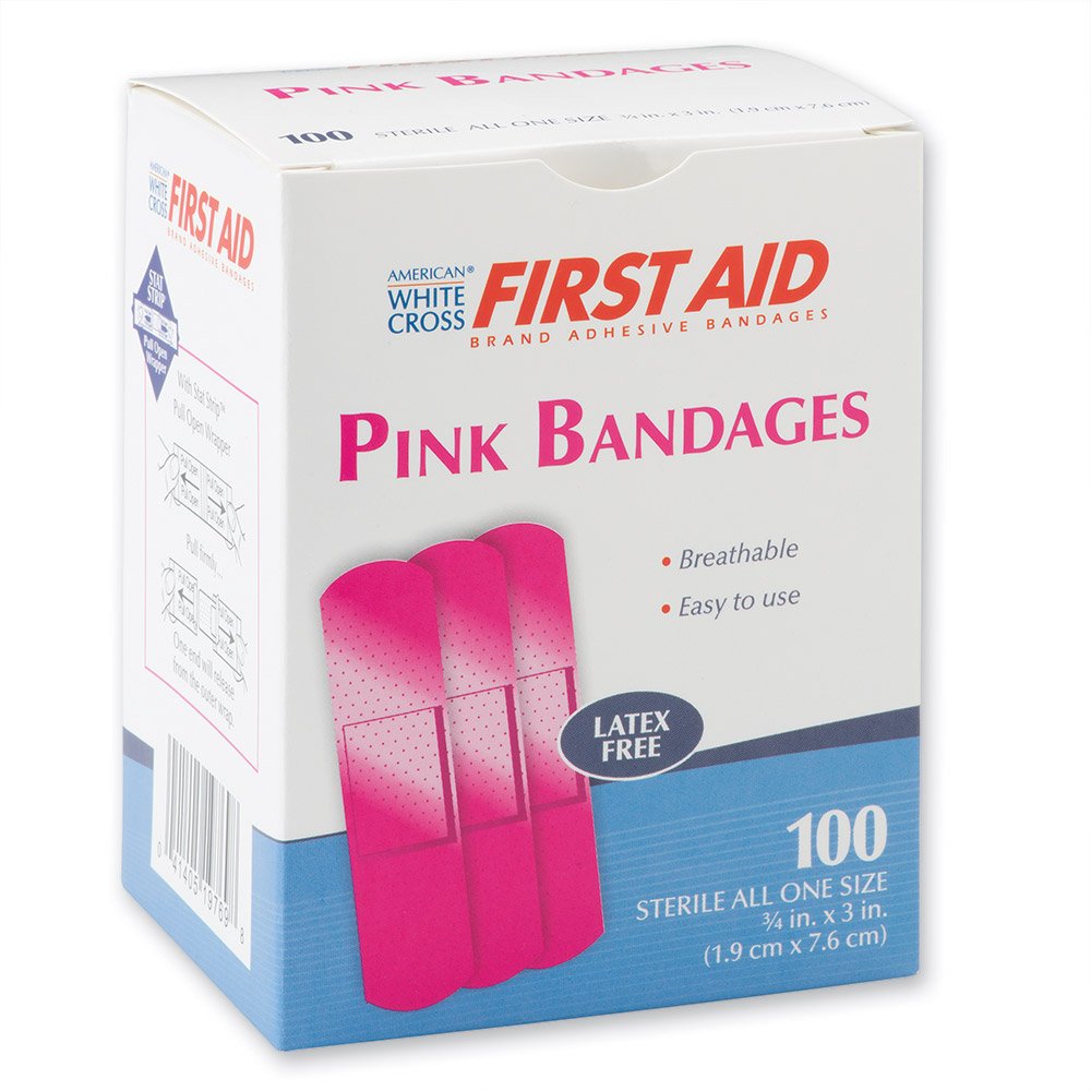 Bandage Stat Strip - Adhesive Bandage Strip, Pink Color, Sterile, Sheer - 3/4&quot; x 3&quot;, Box of 100