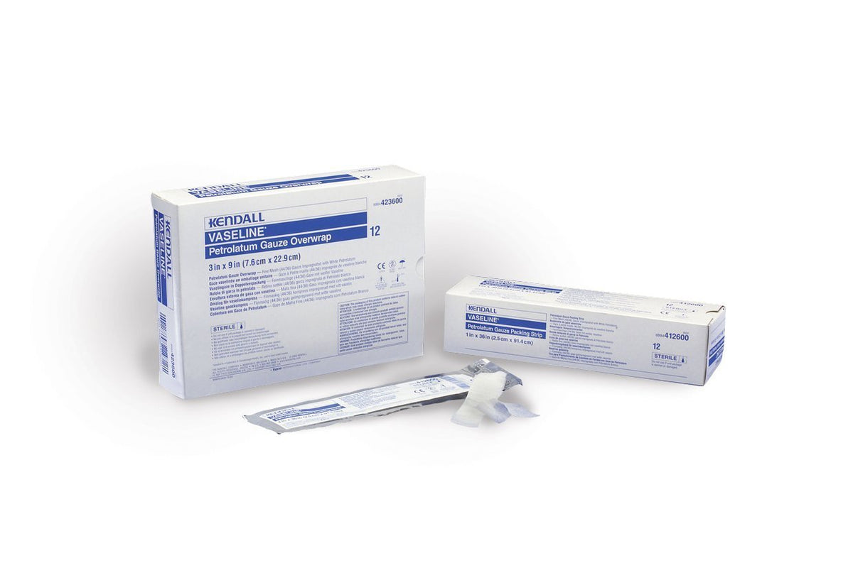 Covidien Cardinal Vaseline Petrolatum Gauze Strip 8884413605 - Petrolatum Impregnated Dressing, Mesh Gauze, Non-Adherent, Sterile, White - 3" x 9", Box of 50