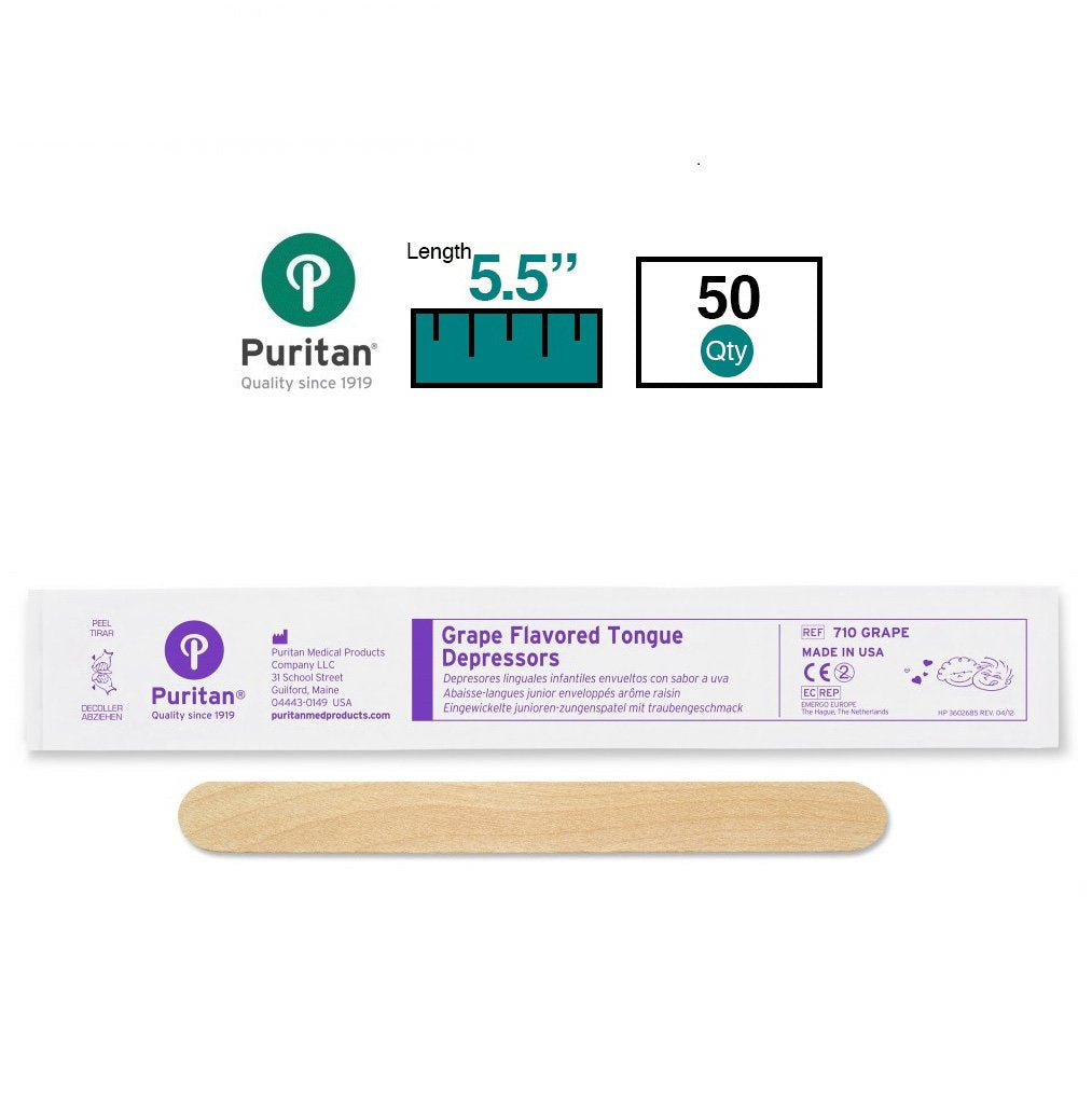 Puritan 710 GRAPE - Junior Wood Tongue Depressor, Grape Flavor, NonSterile, Individually Wrapped, 15.9 mm Width - 5 1/2&quot;, Box of 50