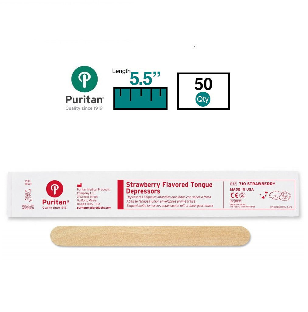Puritan 710 STRAWBERRY - Junior Wood Tongue Depressor, Strawberry Flavor, NonSterile, Individually Wrapped, 15.9 mm Width - 5 1/2&quot;, Box of 50