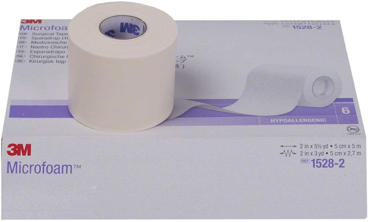 3M Microfoam Surgical Tape 1528-2 - Hypoallergenic, Latex-free, Flexible, Elastic Foam Tape - 2" x 5 1/2 yards Roll, Box of 6