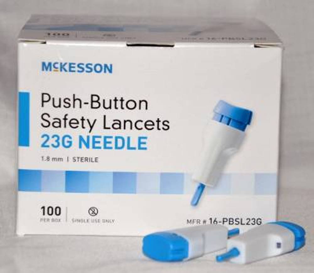 McKesson 16-PBSL23G - Lancet Needle, Push Button Activation, Fixed Depth Lancet, Retractable, Sterile, Disposable, Blue - 23 Gauge, 1.8 mm Depth, Box of 100
