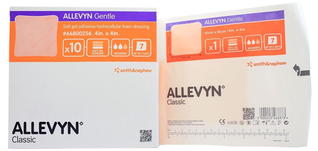 Smith &amp; Nephew Allevyn Gentle 66800256 - Hydrocellular Foam Dressing, Gel Adhesive without Border, Film Backing, Sterile, Square, Pink - 4&quot; x 4&quot;, Box of 10