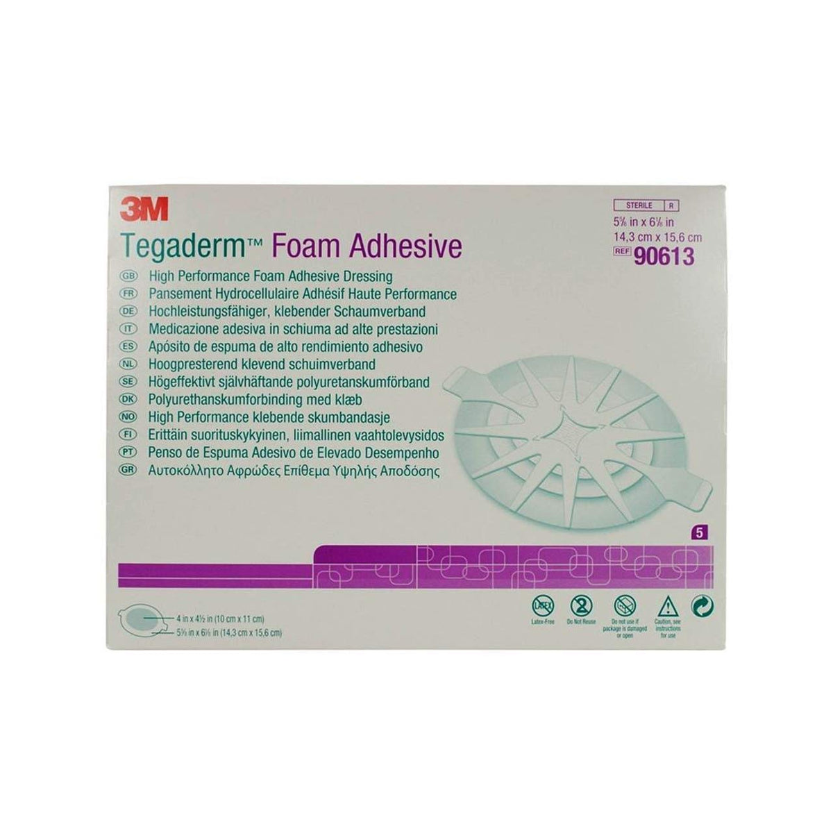 3M Tegaderm High Performance Foam Adhesive Dressing 90613 - Medium Oval Foam Dressing, Latex-free, Water Resistant, Sterile - 5 5/8&quot; x 6 1/8&quot;, Box of 5