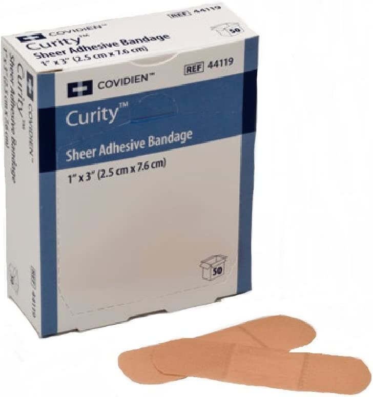 Covidien Cardinal Curity 44119 - Adhesive Strip, Plastic, Sterile, Rectangle Shape, Sheer - 7/8" x 1" Pad Size,  1" x 3" Dimension, Box of 50