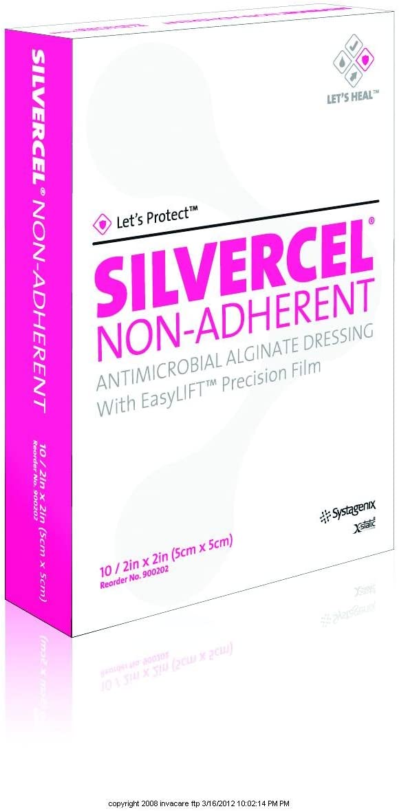 3M Systagenix Silvercel Non-Adherent 900202 - Silver Alginate Dressing, Non-adhesive Without Border, Sterile, Gray, Square - 2&quot; x 2&quot;, Box of 10