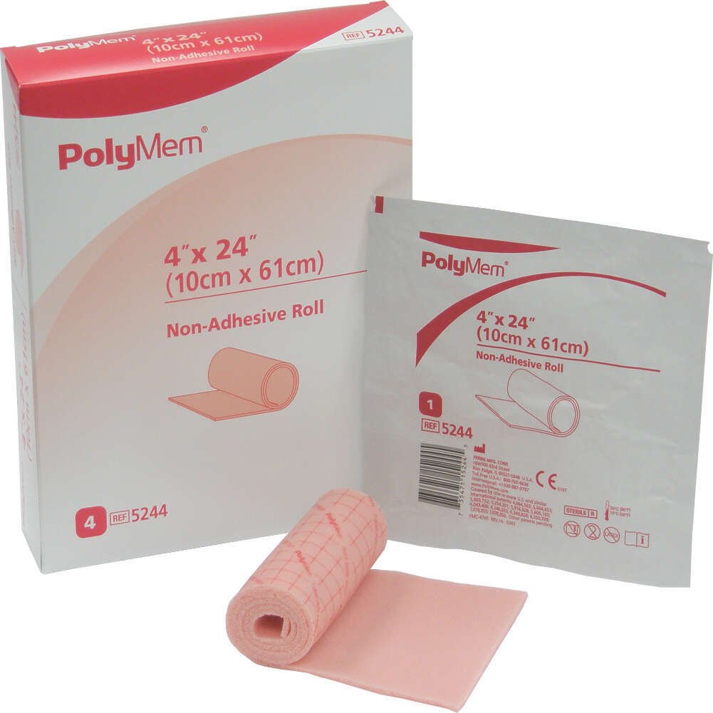 Ferris PolyMem 5244 - Foam Dressing, Sterile, Non-Adhesive Without Border, Without Film Backing, Pink, Roll - 4&quot; x 24&quot;, Box of 4