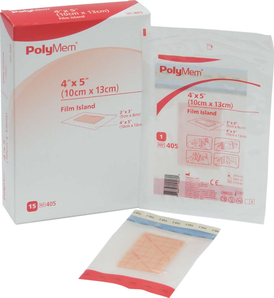 Ferris PolyMem 405 - Foam Dressing, Sterile, Adhesive With Border, Film Backing, Pink, 2&quot; x 3&quot; Pad Size, Square Shape - 4&quot; x 5&quot;, Box of 15
