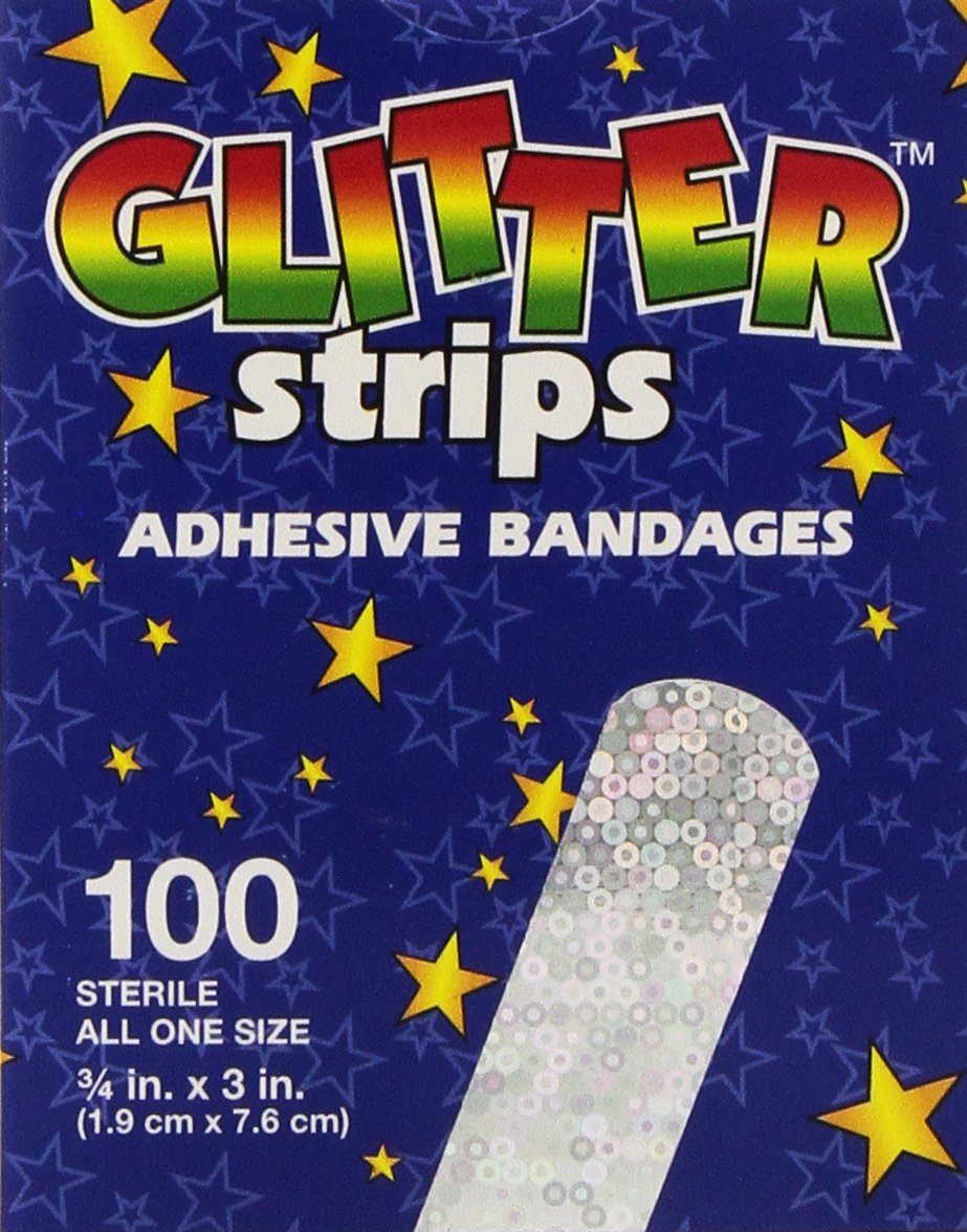Derma Sciences Glitter Stat Strip 1075413 - Adhesive Bandage Strip, Kid Design (Glitter Strips), Sterile, Sheer - 3/4&quot; x 3&quot;, Box of 100