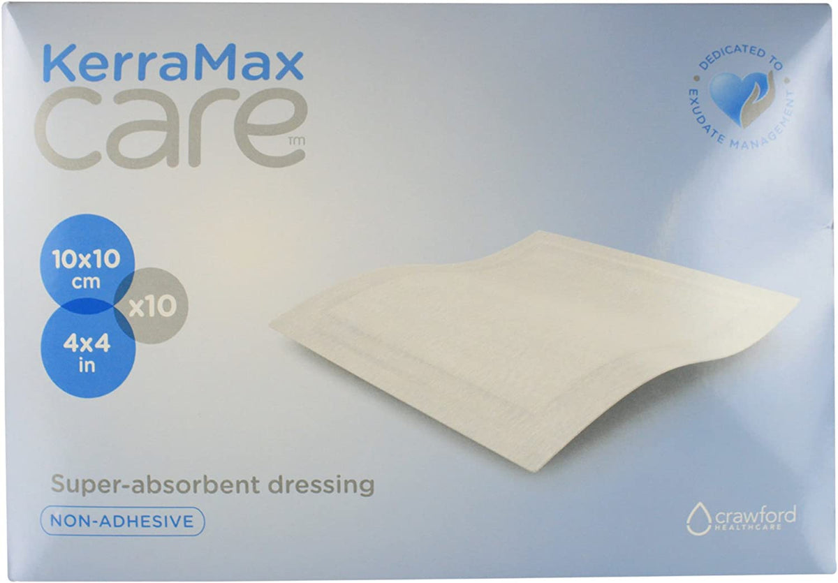 3M Systagenix KerraMax Care PRD500-050 - Super Absorbent Wound Dressing, Nonwoven Backing, Without Border, Sterile, White, Square - 4&quot; x 4&quot;, Box of 10