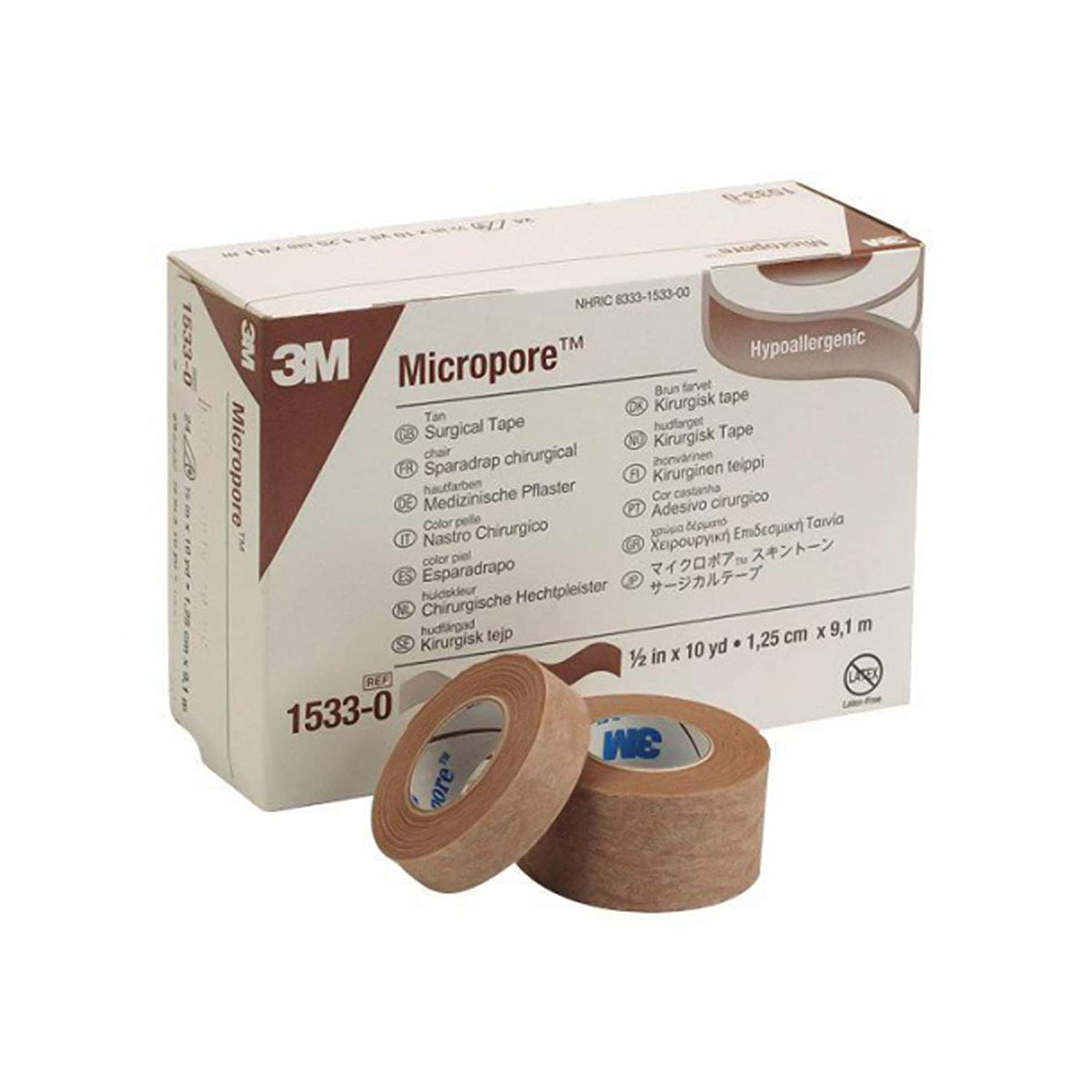 3M Micropore Surgical Tape 1533-0 - Hypoallergenic, Latex-free, Breathable, Beige Paper Tape - 1/2" x 10 yards Roll, Box of 24