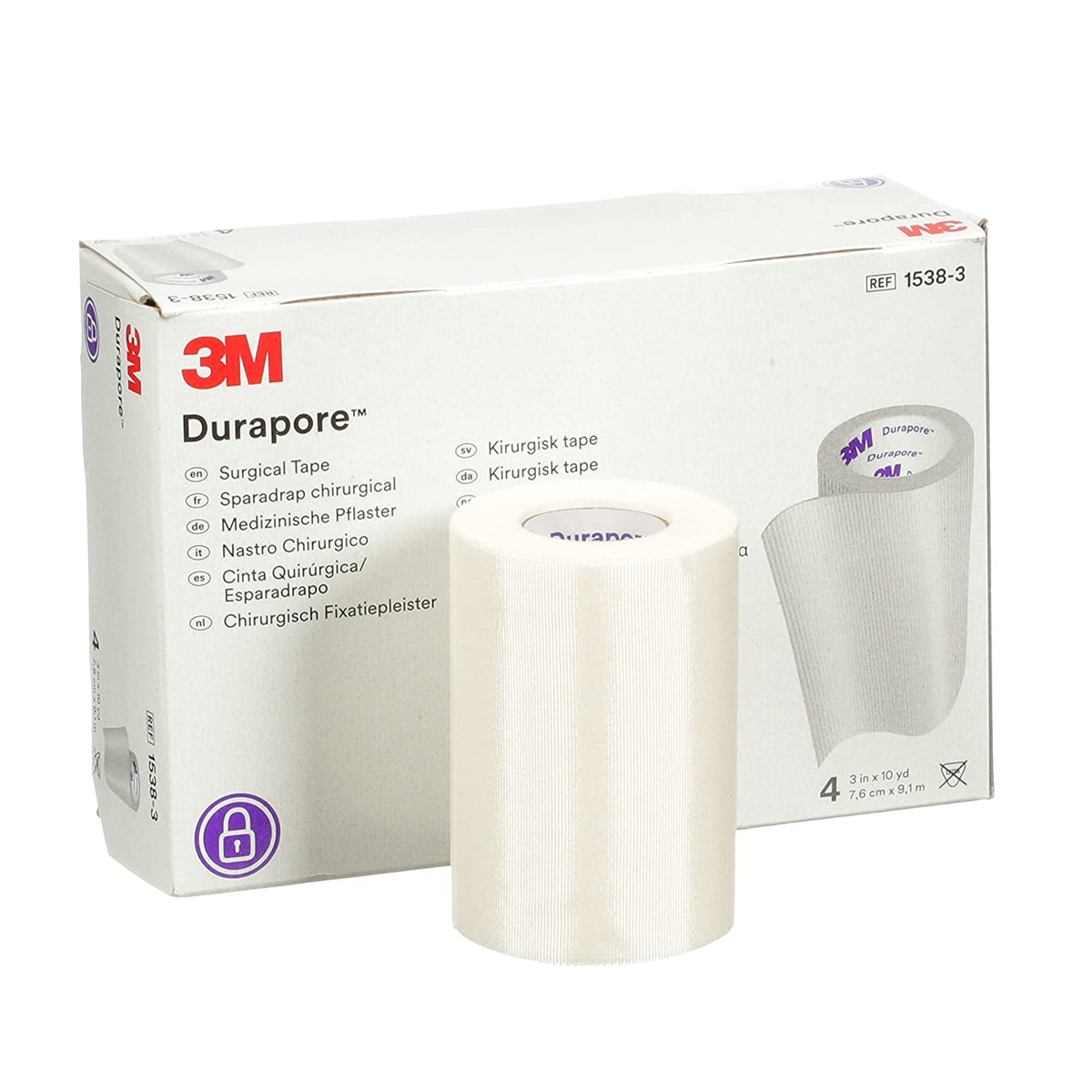 3M Durapore Surgical Tape 1538-3 - High-Strength, Hypoallergenic, Latex-free, White Silk-like Cloth Tape - 3&quot; x 10 yards Roll, Box of 4