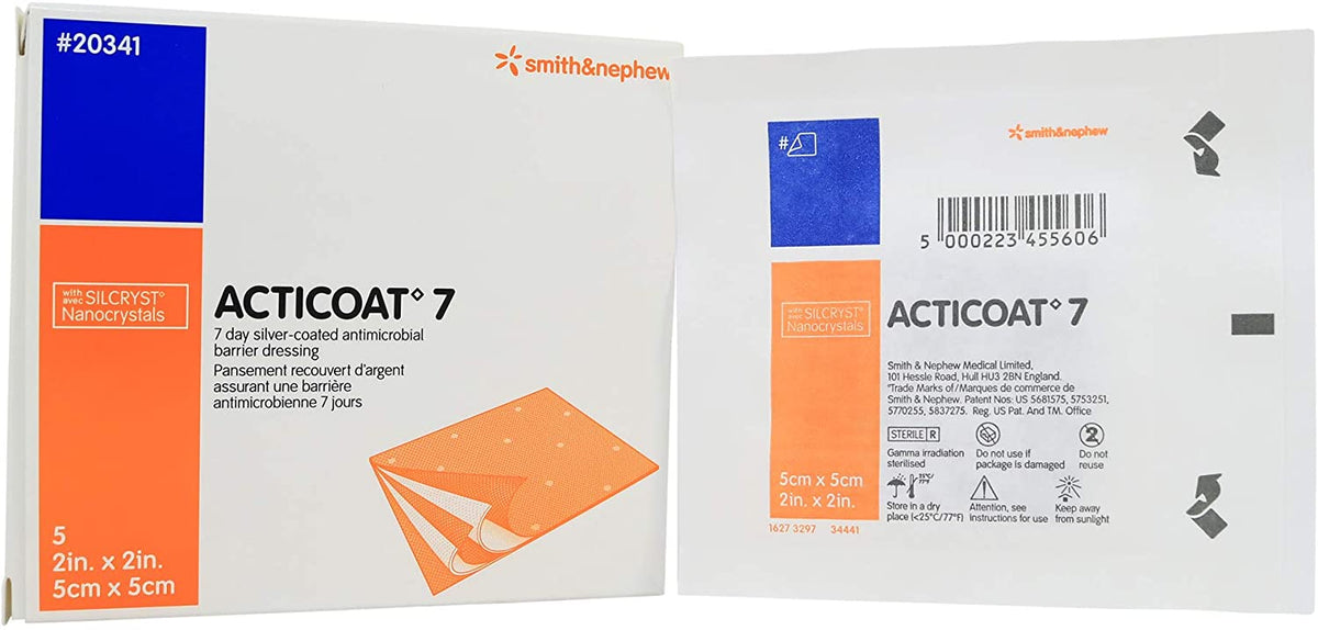 Smith & Nephew Acticoat 7 20341 - 7 Day Antimicrobial Silver Barrier Dressing, Square, Sterile, Non-adhesive Without Border - 2" x 2", Box of 5