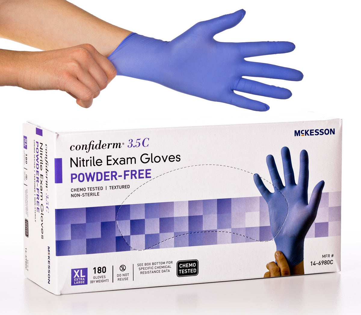 McKesson Confiderm 3.5C 14-6980C - Nitrile Exam Glove, Beaded Cuff, 0.09 mm. Textured Fingertip Thickness, Powder Free, Standard Cuff Length, Latex-Free, NonSterile, Chemo Tested, Blue -  X-Large, 9.6&quot;, Box of 200
