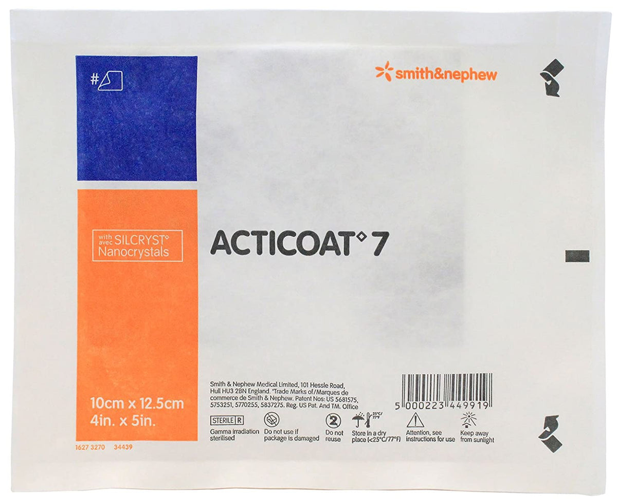 Smith &amp; Nephew Acticoat 7 20141 - 7 Day Antimicrobial Silver Barrier Dressing, Rectangle, Sterile, Non-adhesive Without Border - 4&quot; x 5&quot;, Box of 5
