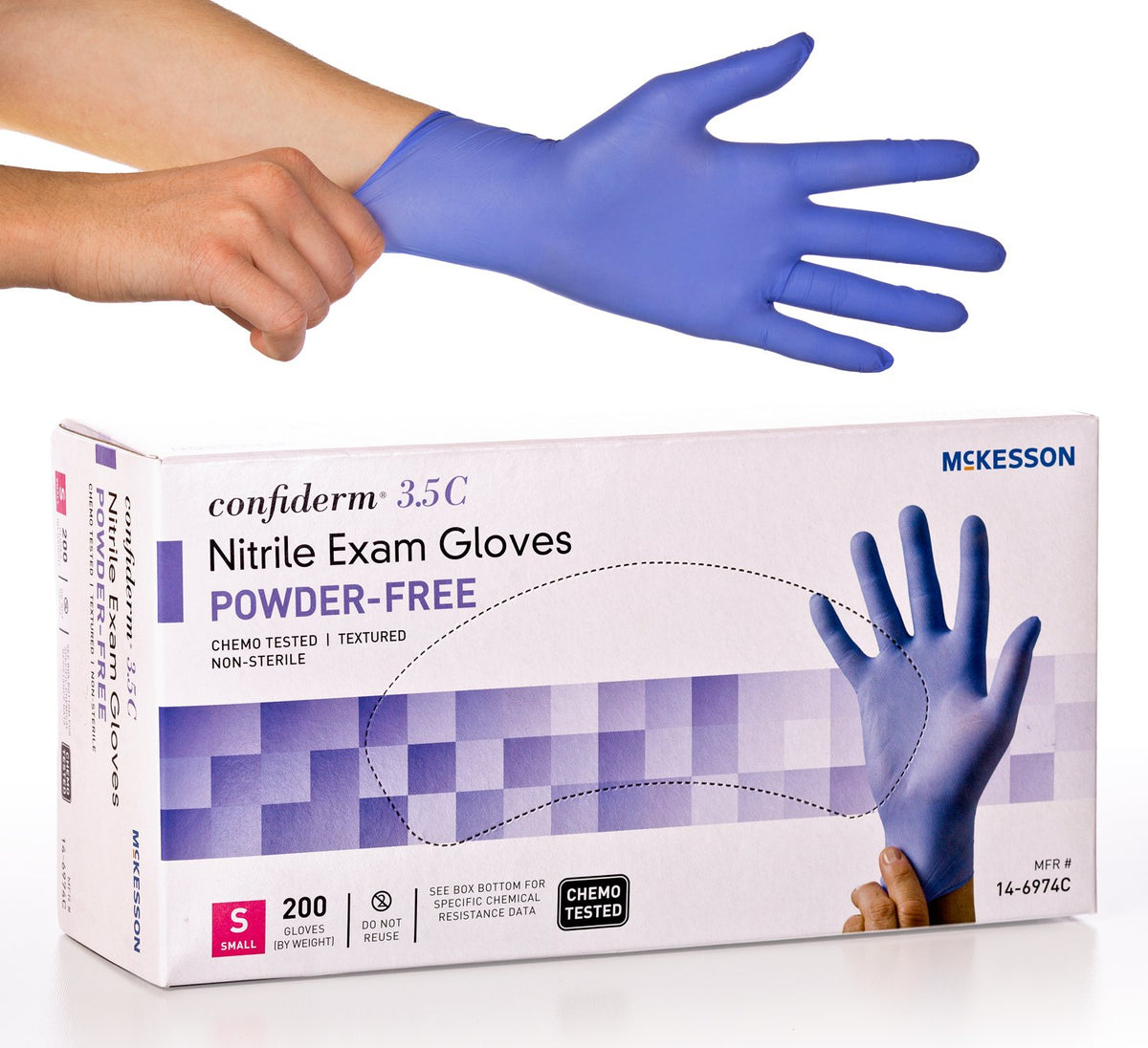 McKesson Confiderm 3.5C 14-6974C - Nitrile Exam Glove, Beaded Cuff, 0.09 mm. Textured Fingertip Thickness, Powder Free, Standard Cuff Length, Latex-Free, NonSterile, Chemo Tested, Blue - Small, 9.6&quot;, Box of 200