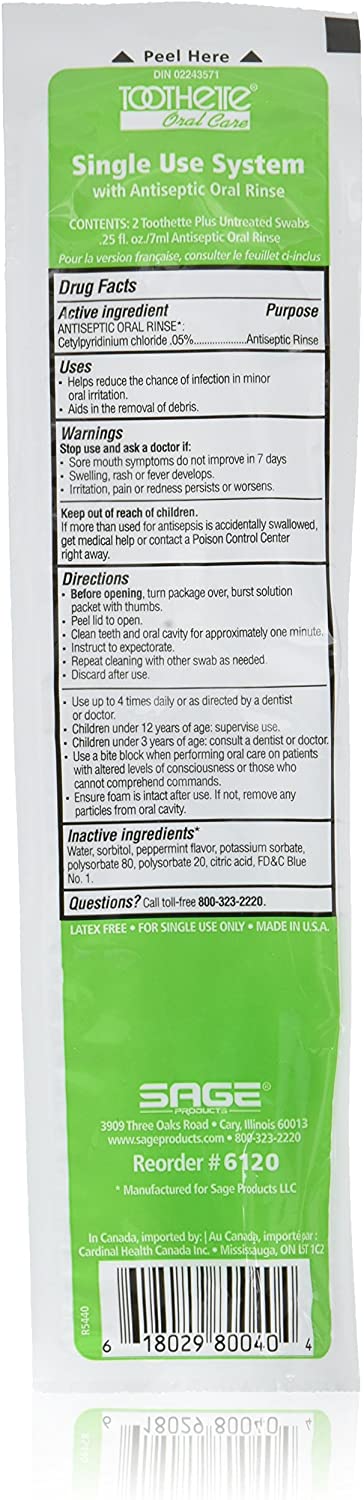 Sage Toothette Plus 6120 - Oral Swabstick, Cetylpyridinium Chloride 0.05% Treated, NonSterile, Plastic Shaft, Foam Tip, Green - 6&quot;, Box of 50