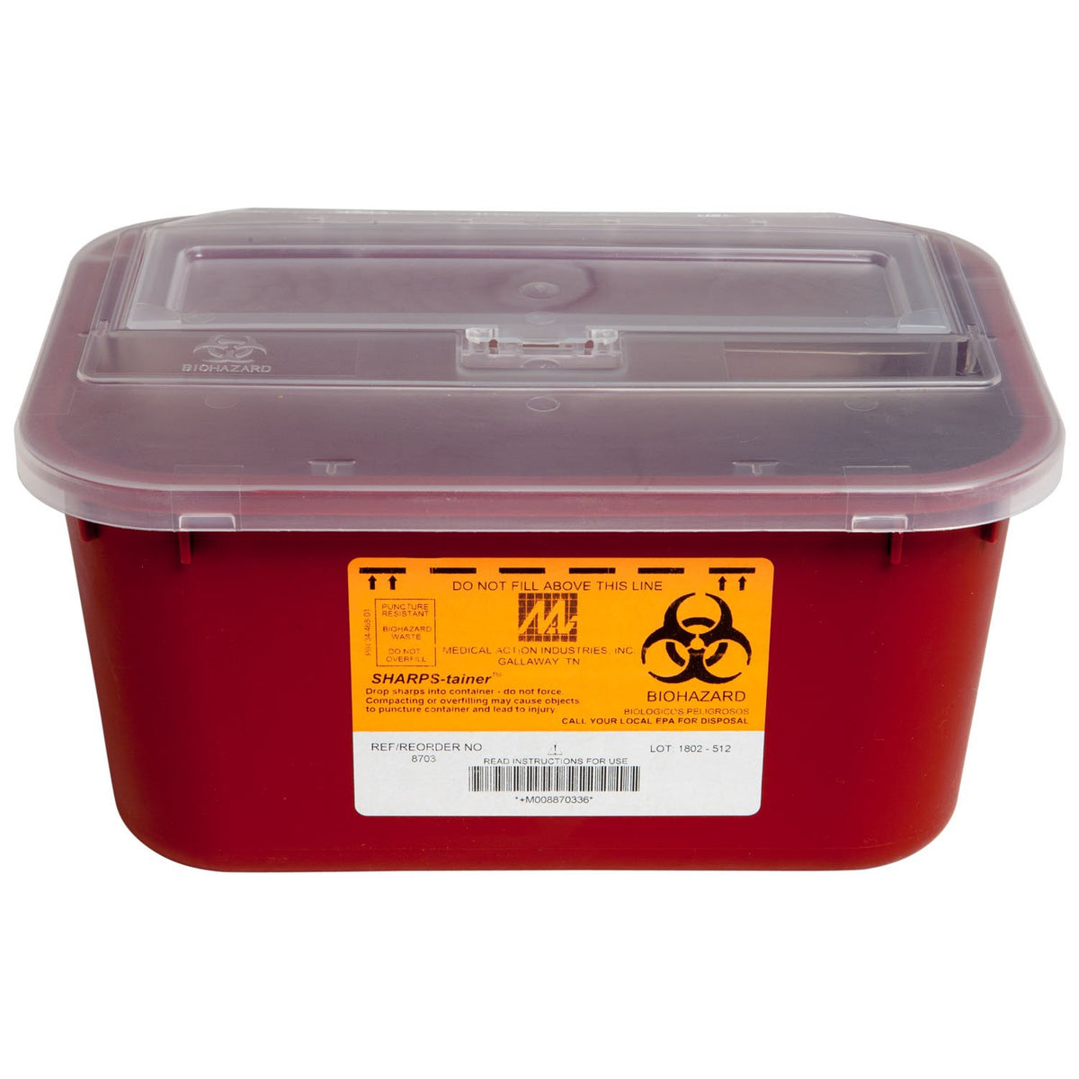Medegen Sharps 8703 - Sharps Container, Red Base / Translucent Lid, Horizontal Entry, Nestable Mailbox Style, Non-Locking Lid, Free Standing, NonSterile, 1 Gallon Volume Capacity - 5&quot; x 10&quot; x 7&quot;, One Container