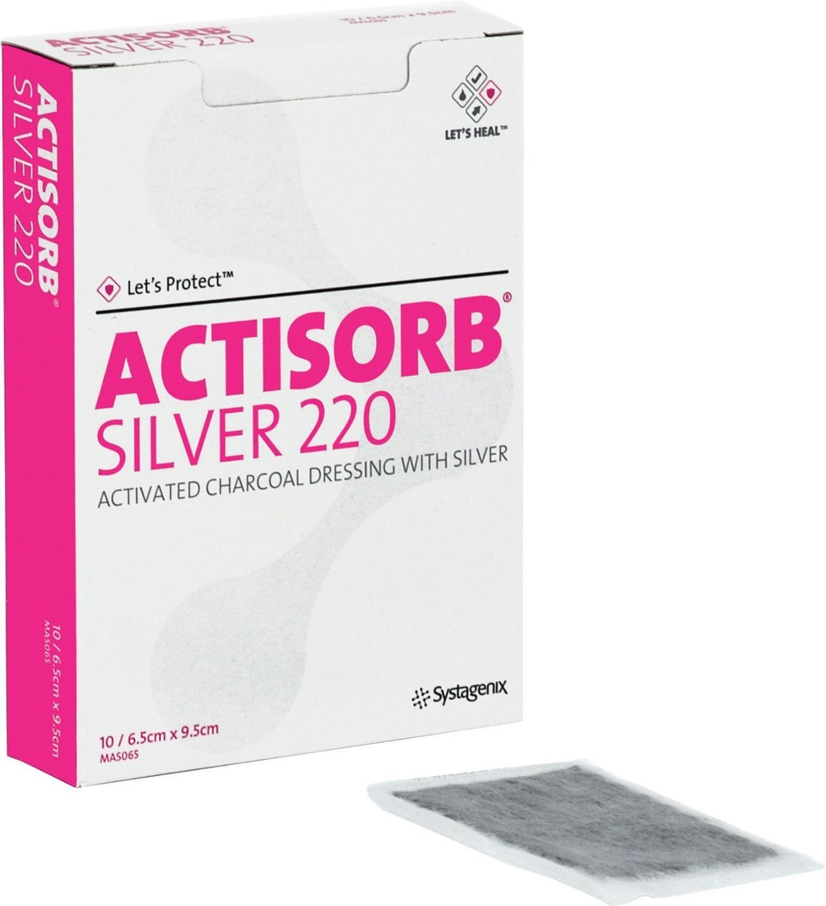 3M Systagenix Actisorb Silver 650220 - Antimicrobial Binding Silver Charcoal Dressing, Non-Adhesive Without Border, Sterile, Gray, Rectangle - 2 1/2&quot; x 3 3/4&quot;, Box of 10