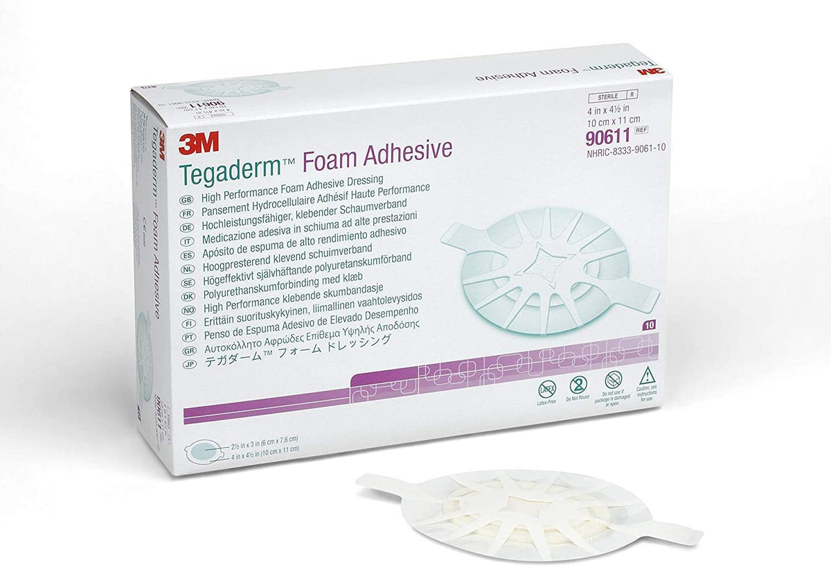 3M Tegaderm High Performance Foam Adhesive Dressing 90611 - Small Oval Foam Dressing, Latex-free, Water Resistant, Sterile - 4&quot; x 4 1/2&quot;, Box of 10