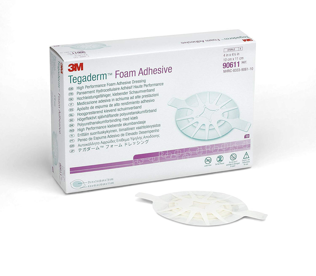 3M Tegaderm High Performance Foam Adhesive Dressing 90611 - Small Oval Foam Dressing, Latex-free, Water Resistant, Sterile - 4" x 4 1/2", Box of 10