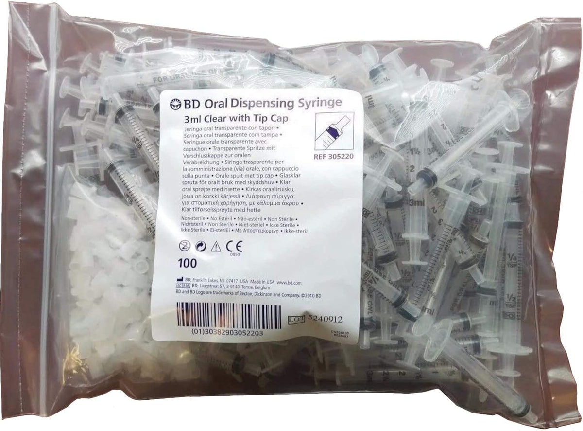 BD Oral Medication Syringe 305220 - Luer Slip Tip Type, Without Safety, Non-Sterile, Clear Barrel, Flat Top Style, Disposable - 3 ml, Pack of 100