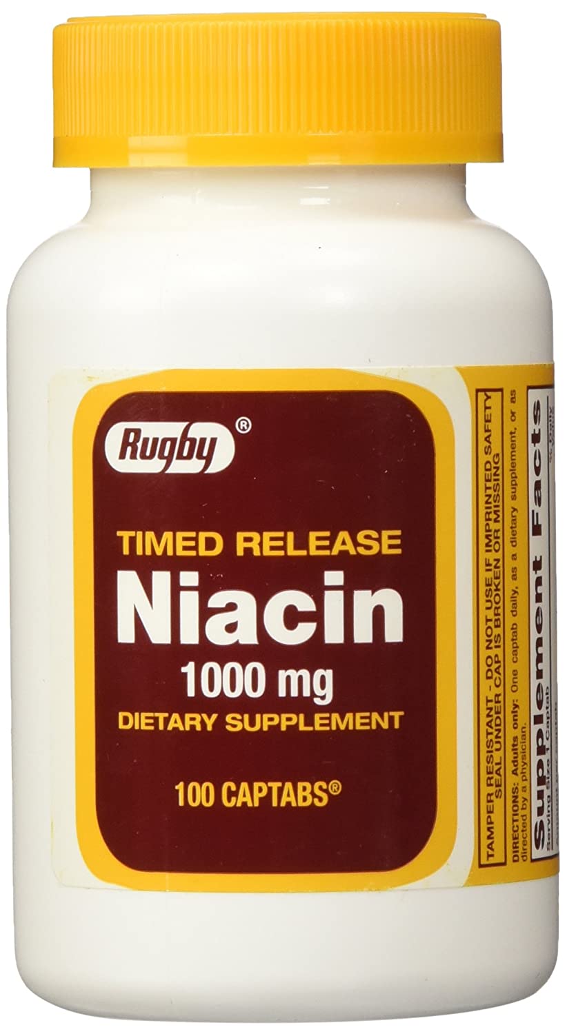 Major Pharmaceuticals Rugby 00536703801 - Niacin Dietary Supplement, 1000 mg. Strength, Extended Release, Film Coated, 100 Captabs Per Bottle - Pack of 3