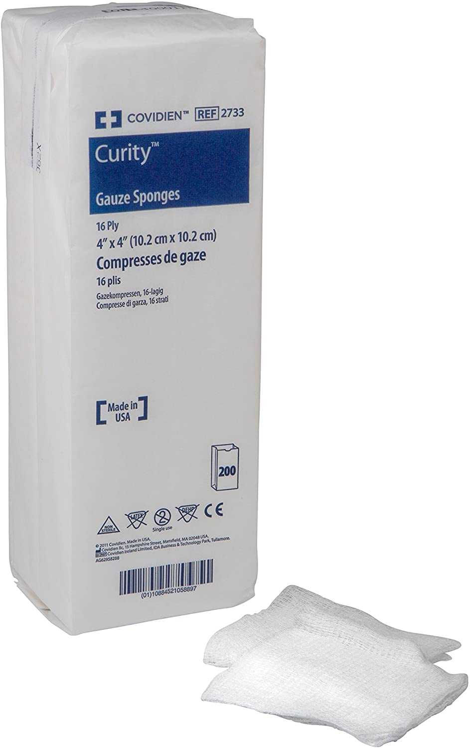Covidien Cardinal Curity 2733 - USP Type VII Gauze Sponge, Cotton, 16-Ply, Square Shape, NonSterile - 4" x 4", Pack of 200