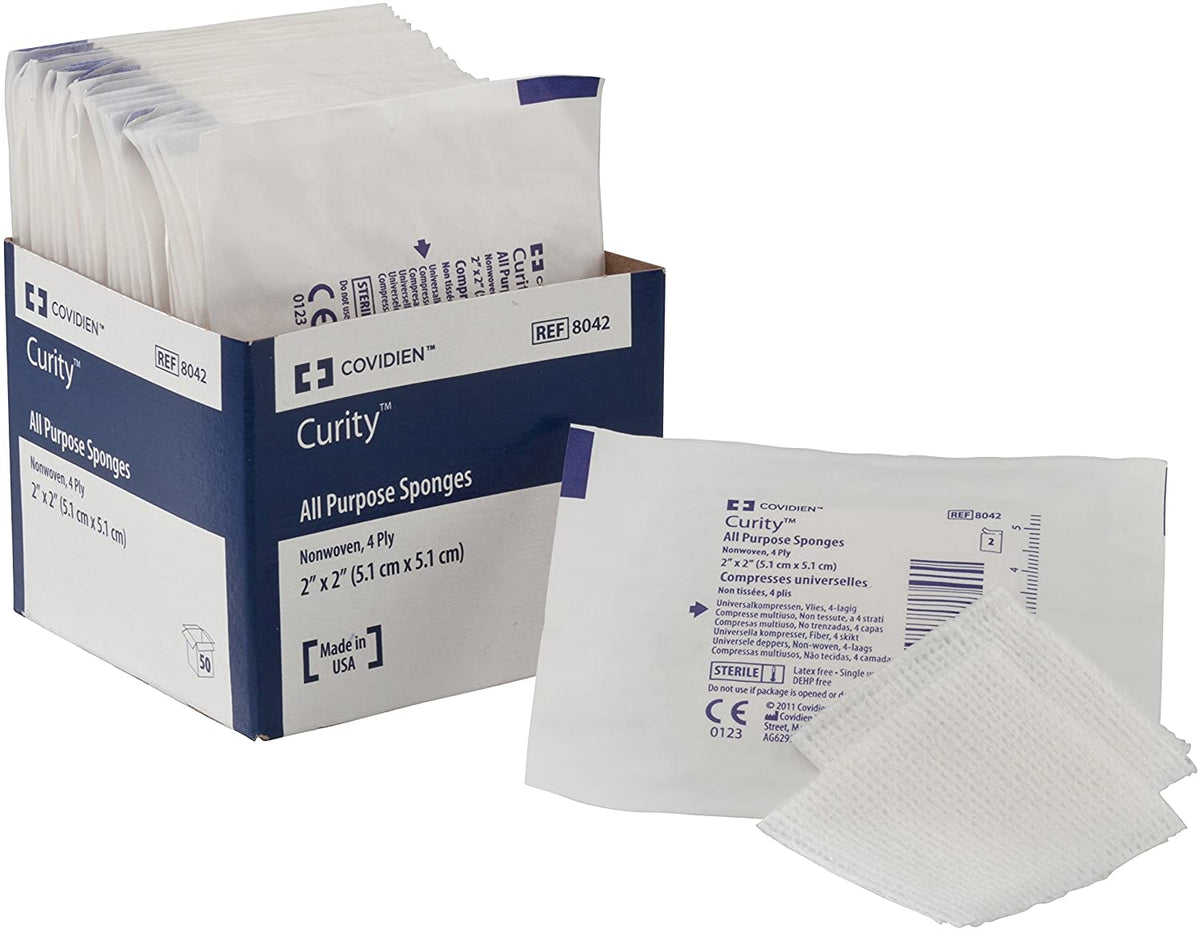 Covidien Cardinal Curity 8042 - All Purpose Nonwoven Sponge, Polyester / Rayon, 4-Ply, Sterile, White, Square Shape - 2" x 2", Pack of 50
