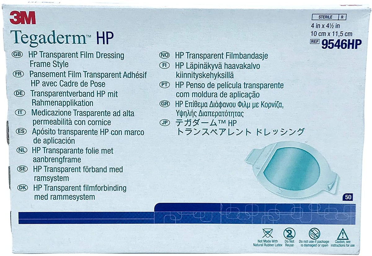 3M Tegaderm HP Transparent Film Dressing Frame Style 9546HP - Waterproof, Hypoallergenic, Latex-free, Sterile - 4" x 4 1/2 ", Box of 50