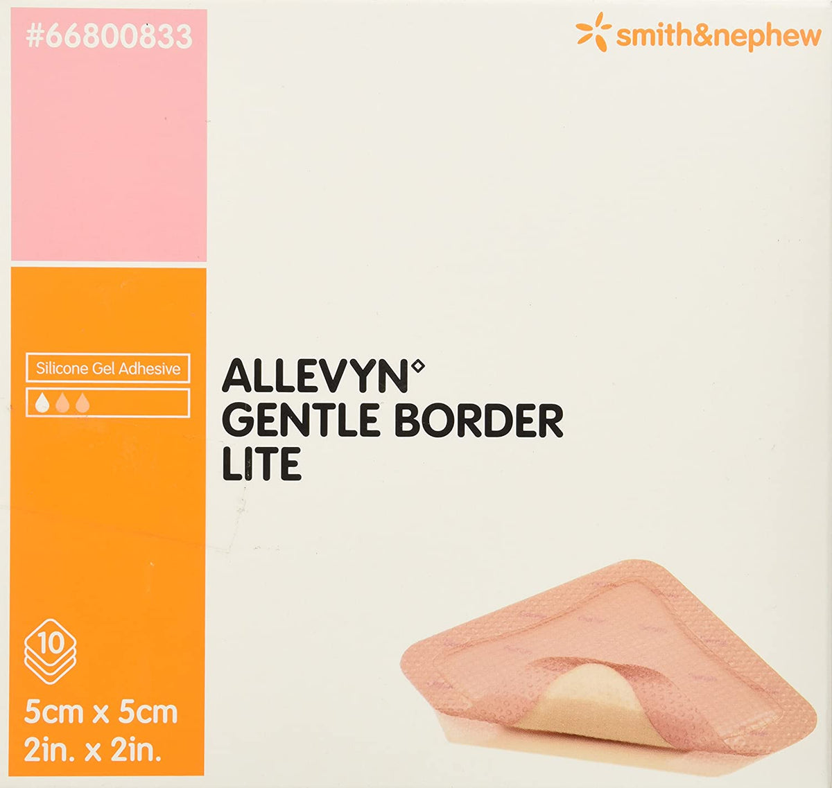 Smith &amp; Nephew Allevyn Gentle Border Lite 66800833 - Thin Silicone Foam Dressing, Silicone Gel Adhesive With Border, Film Backing, Sterile, Square, Pink - 2&quot; x 2&quot;, Box of 10