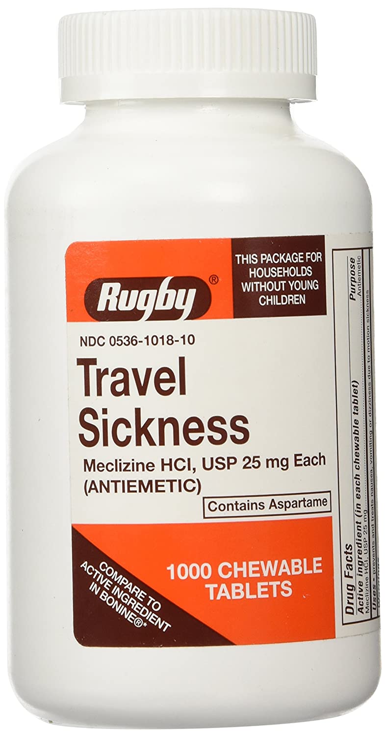Major Pharmaceuticals Rugby 00536101810 - Travel Sickness Nausea Relief, Meclizine HCL, 25 mg. Strength, 1000 Chewable Tablets Per Bottle - One Bottle