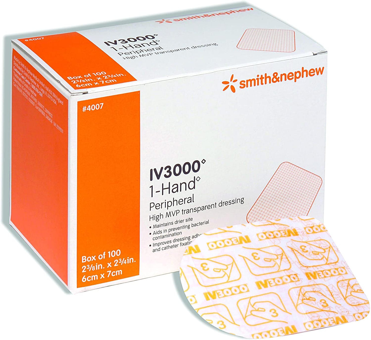 Smith & Nephew IV3000 66024007 - I.V. Dressing, REATIC Film, 1-Hand Peripheral, With Securing Method, Sterile - 2 3/8" x 2 3/8", Box of 100
