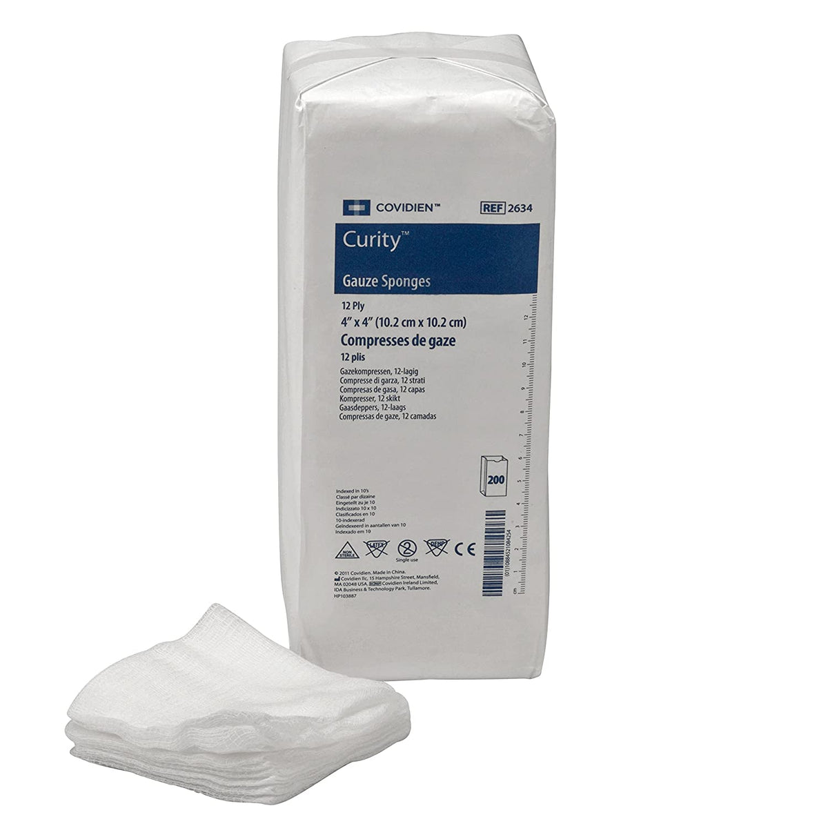 Covidien Cardinal Curity 2634 - USP Type VII Gauze Sponge, Cotton, 12-Ply, Square Shape, NonSterile - 4" x 4", Pack of 200