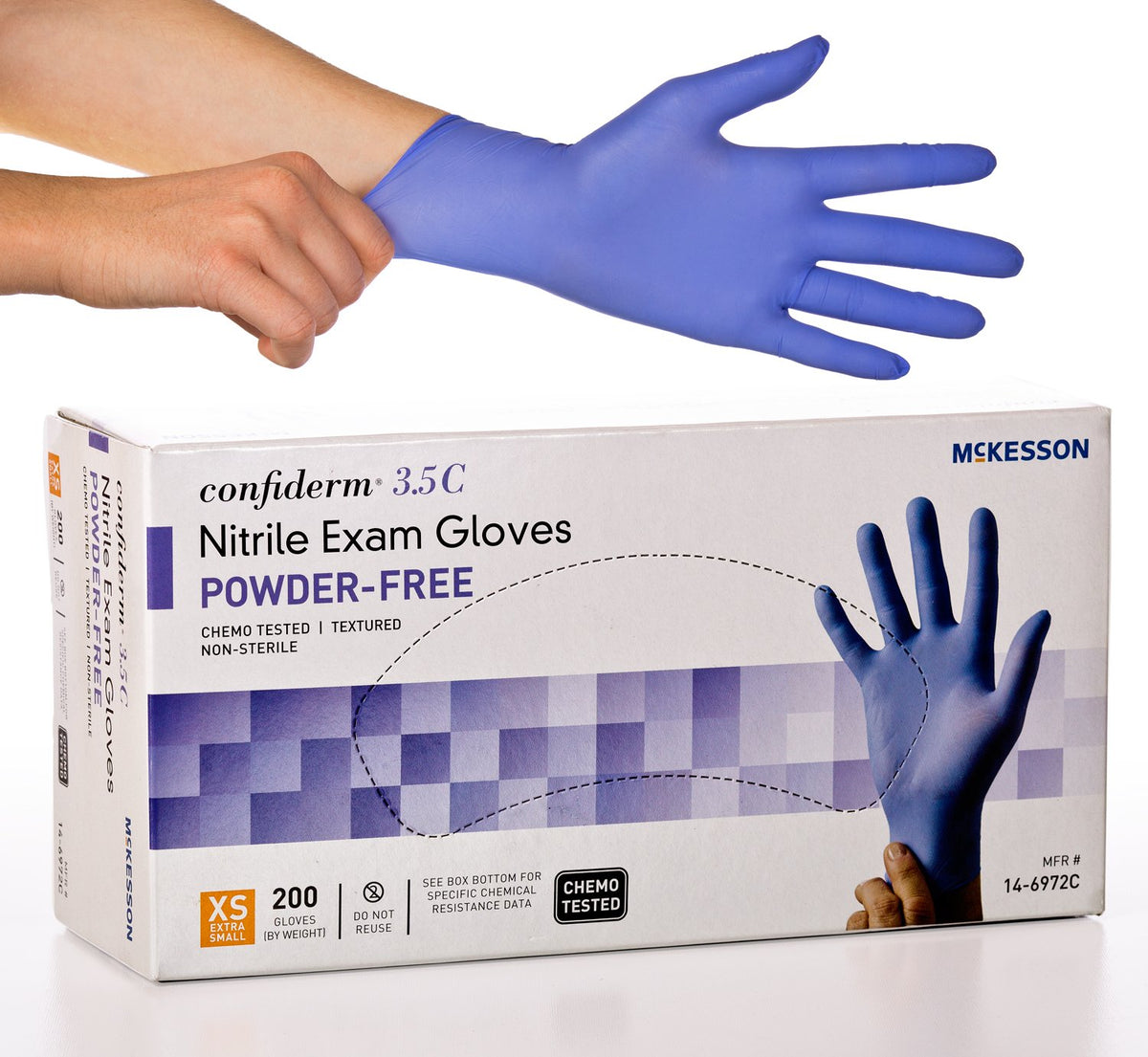 McKesson Confiderm 3.5C 14-6972C - Nitrile Exam Glove, Beaded Cuff, 0.09 mm. Textured Fingertip Thickness, Powder Free, Standard Cuff Length, Latex-Free, NonSterile, Chemo Tested, Blue - X-Small, 9.6&quot;, Box of 200