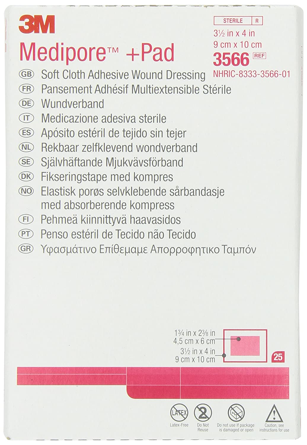 3M Medipore +Pad 3566 - Soft Cloth Adhesive Wound Dressing, Absorbent, Sterile, Breathable, Hypoallergenic, Latex-free - Dressing Size 3 1/2" x 4", Pad Size 1 3/4" x 2 3/8", Box of 25
