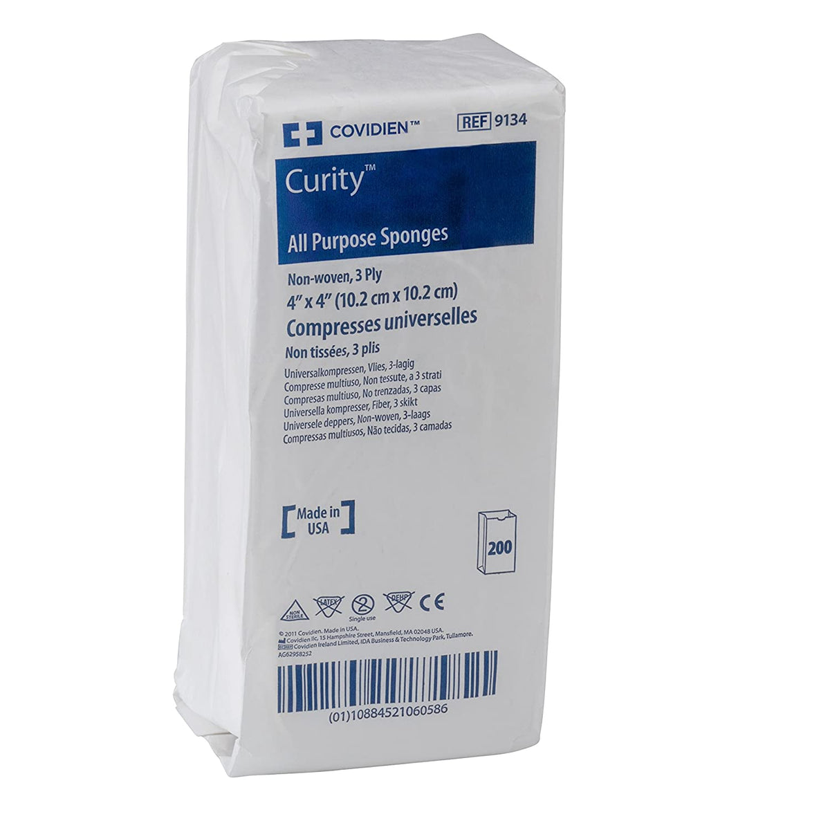 Covidien Cardinal Curity 9134 - All Purpose Nonwoven Sponge, Polyester / Rayon, 3-Ply, Non-Sterile, White, Square Shape - 4" x 4", Pack of 200