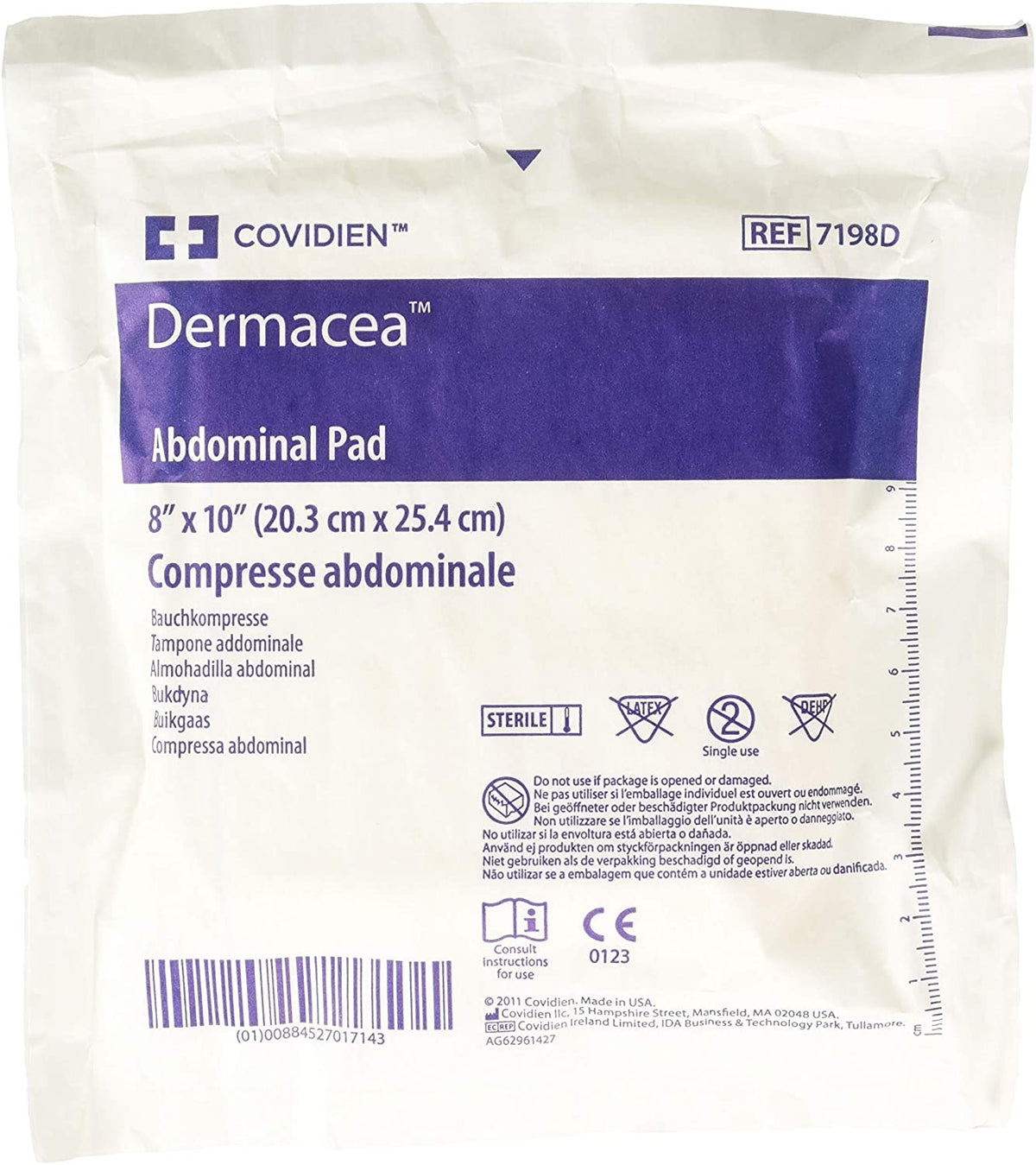 Covidien Cardinal Dermacea 7198D - Abdominal Pad, Non-Woven Fluff, Sterile, Rectangle Shape - 8" x 10", Box of 18