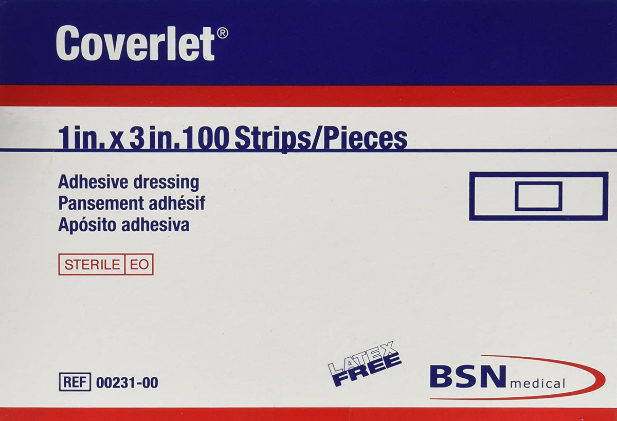 BEI Coverlet 00231 - Adhesive Dressing Strips, Fabric, Rectangle, Sterile, Tan - 1&quot; x 3&quot;, Box of 100