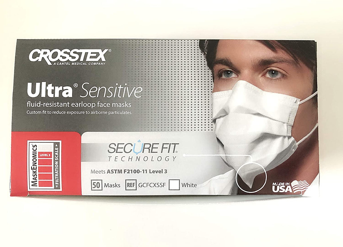 Crosstex Ultra Sensitive GCFCXSFSF - FogFree Earloop Mask, ASTM Level 3,  Hypoallergenic, Latex-Free Inner Cellulose Layer, White - One Size Fits Most, Box of 40