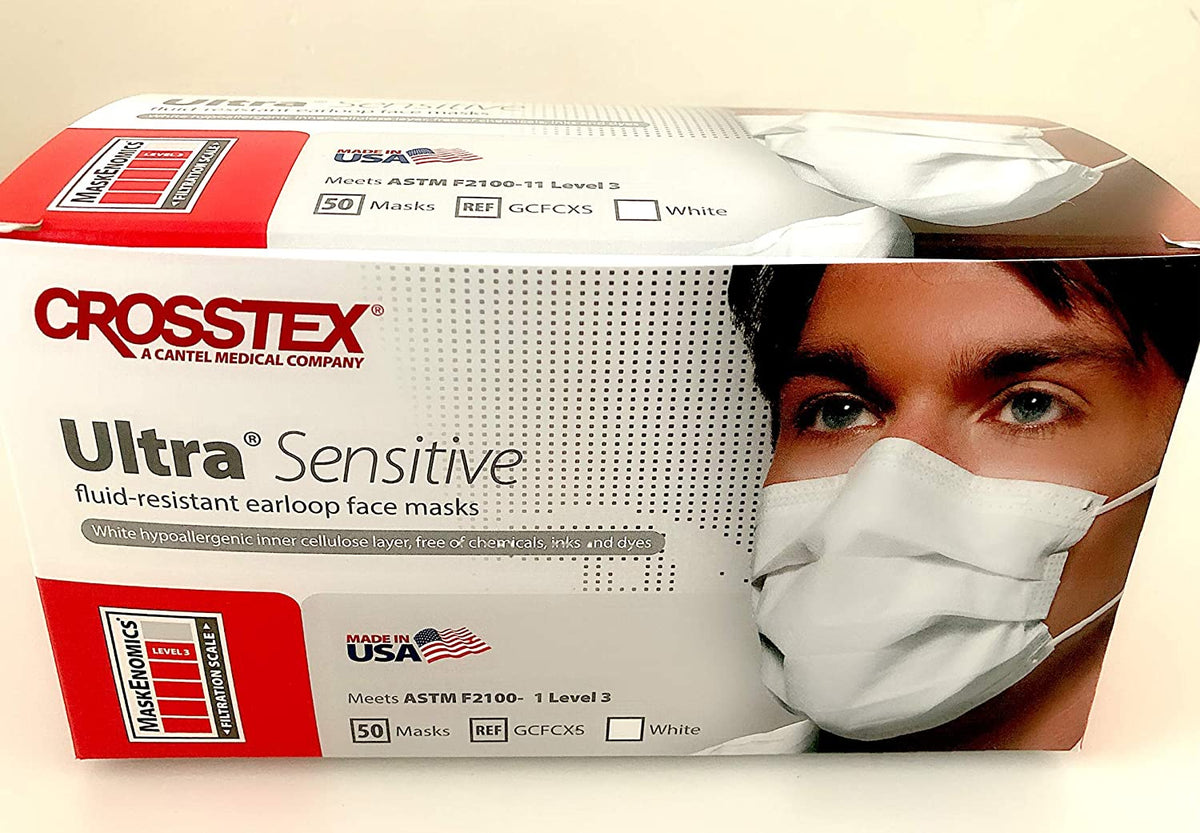 Crosstex Ultra Sensitive GCFCXS - Fluid-Resistant Earloop Face Mask, ASTM Level 3, Hypoallergenic, Inner Cellulose Layer, White - One Size Fits Most, Box of 50