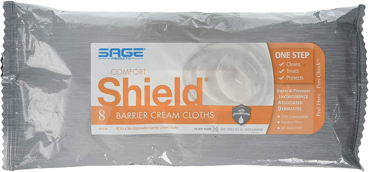 Sage Comfort Shield 7905 - Incontinence Care Wipe, 3% Dimethicone, Unscented, NonSterile, 8 Wipes Per Soft Pack - 8 1/2&quot; x 9&quot;, One Pack