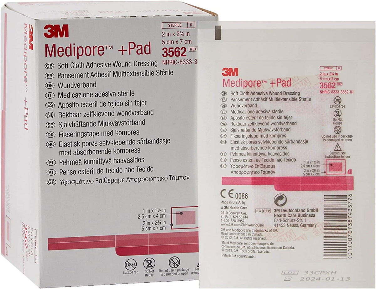 3M Medipore +Pad 3562 - Soft Cloth Adhesive Wound Dressing, Absorbent, Sterile, Breathable, Hypoallergenic, Latex-free - Dressing Size 2" x 2 3/4", Pad Size 1" x 1 1/2", Box of 50