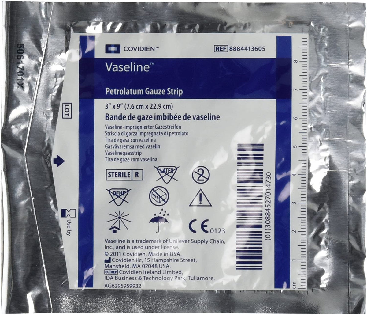 Covidien Cardinal Vaseline Petrolatum Gauze Strip 8884413605 - Petrolatum Impregnated Dressing, Mesh Gauze, Non-Adherent, Sterile, White - 3&quot; x 9&quot;, Box of 12