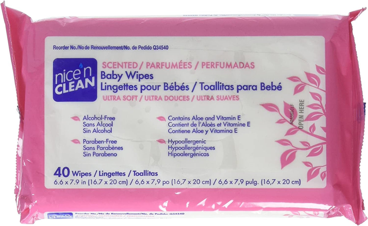 PDI Nice&#39;n Clean Q34540 - Baby Wipes, Aloe / Vitamin E, Scented, NonSterile, 40 Count per Soft Pack - 7&quot; x 8&quot;, Pack of 12