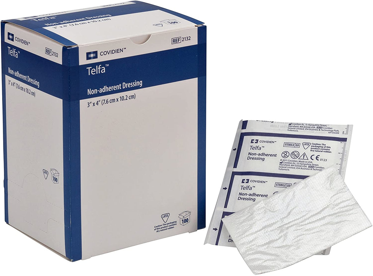 Covidien Cardinal Telfa Ouchless 2132 - Non-Adherent Dressing, Absorbent Cotton Pad, Sterile, Rectangle Shape, Without Border - 3" x 4", Box of 100