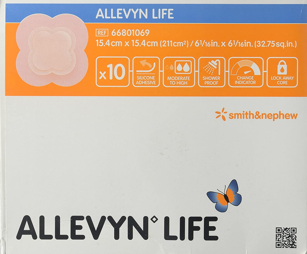 Smith &amp; Nephew Allevyn Life 66801069 - Silicone Foam Dressing, Silicone Adhesive With Border, Film Backing, Sterile, Pink, Quadrilobe - 6&quot; x 6&quot;, Box of 10