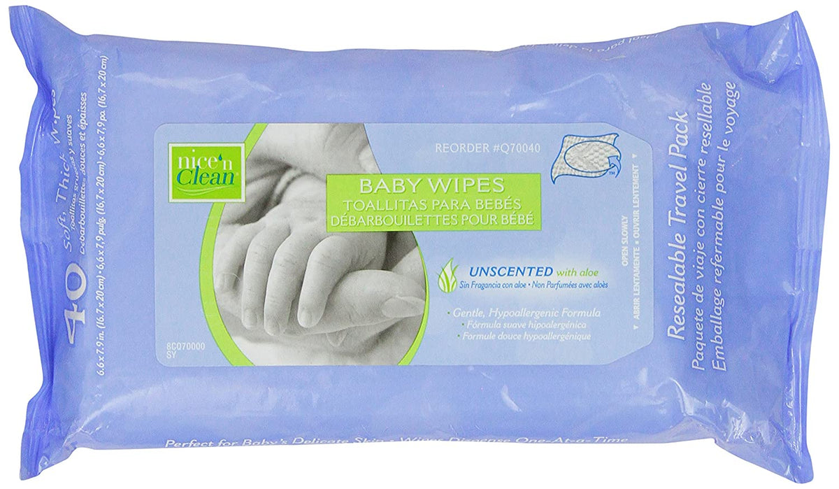 PDI Nice&#39;n Clean Q70040 - Baby Wipes, Aloe / Vitamin E / Chamomile, Unscented, NonSterile, 40 Count per Soft Pack - 7&quot; x 8&quot;, Pack of 12