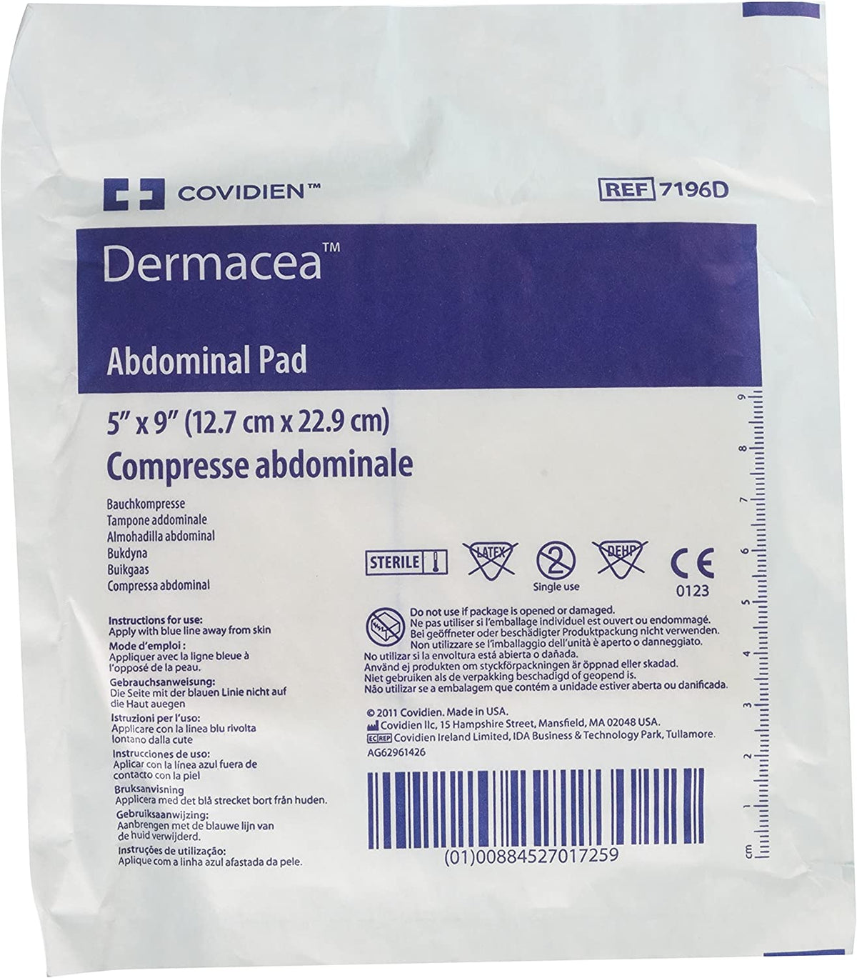 Covidien Cardinal Dermacea 7196D - Abdominal Pad, Non-Woven Fluff, Sterile, Rectangle Shape - 5" x 9", Box of 36